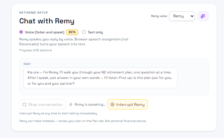 Chat with Remy: voice or text guided setup for your NZ retirement plan
