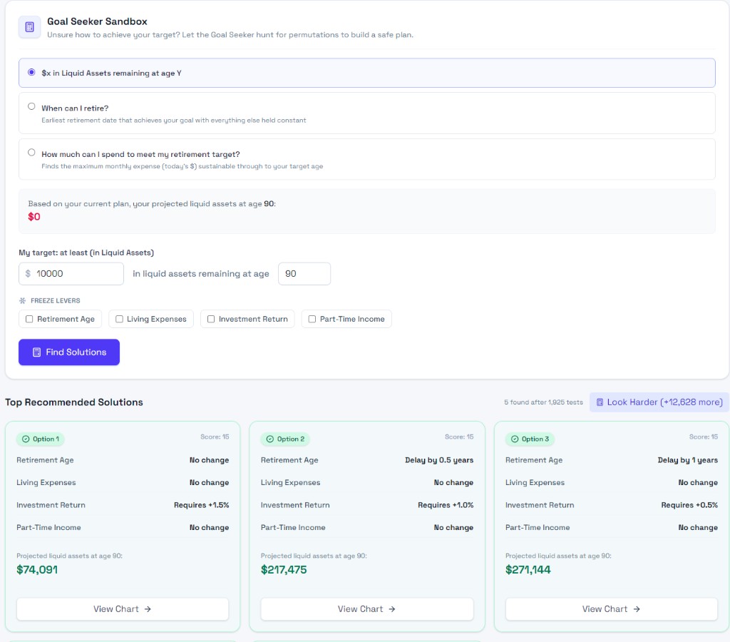 Goal Seeker Sandbox: goal types, freeze levers, Find Solutions, and top ranked options with scores