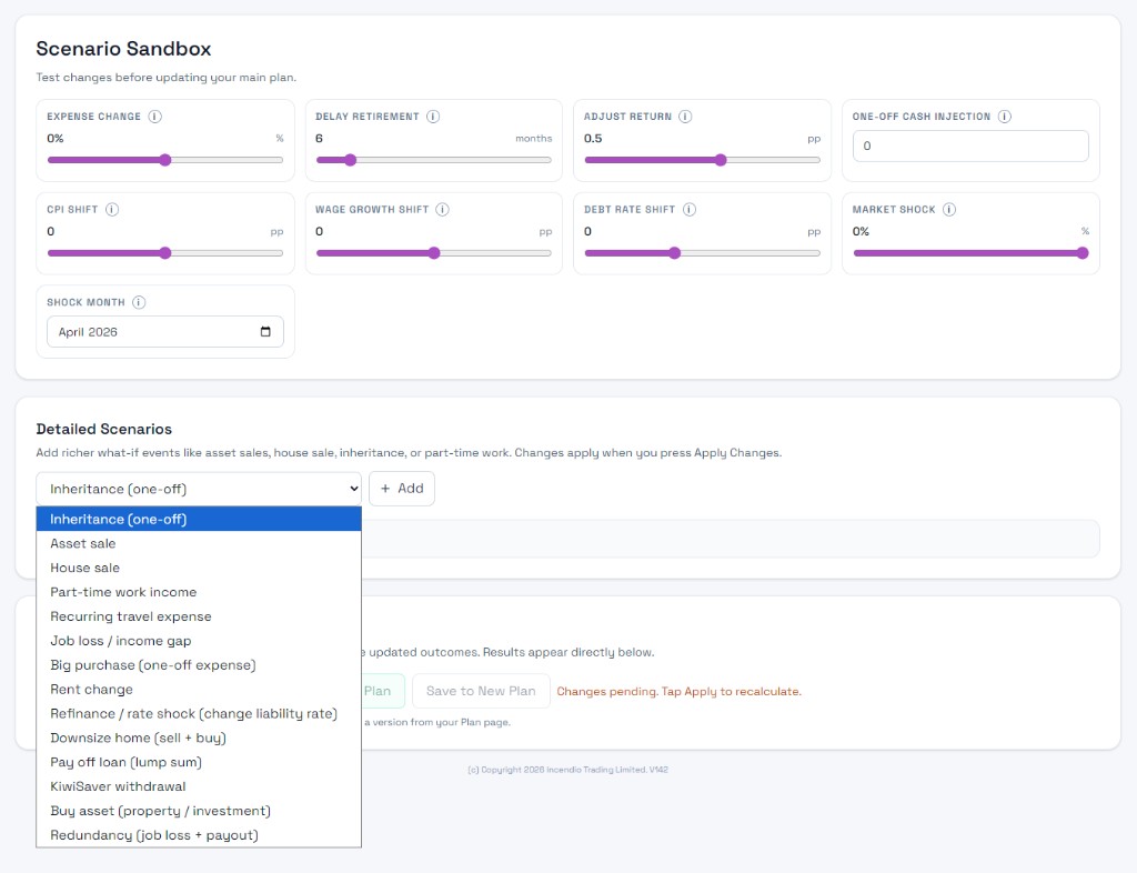 Scenario Sandbox resilience sliders and Detailed Scenarios dropdown for life events
