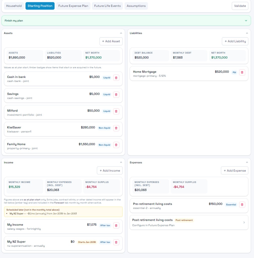 Starting Position: assets, liabilities, income, and expenses with net worth and monthly surplus in one dashboard