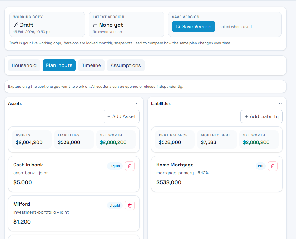 RetireMe plan editor showing assets, income, expenses and events